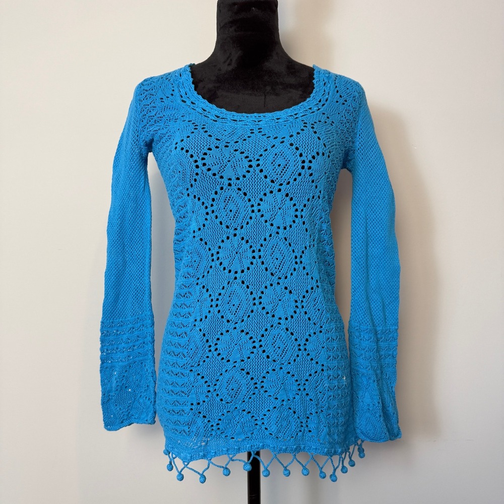 Lilly Pulitzer Crochet Open Knit Tunic Sweater Size XS Blue‎ Pom Pom Hem Resort